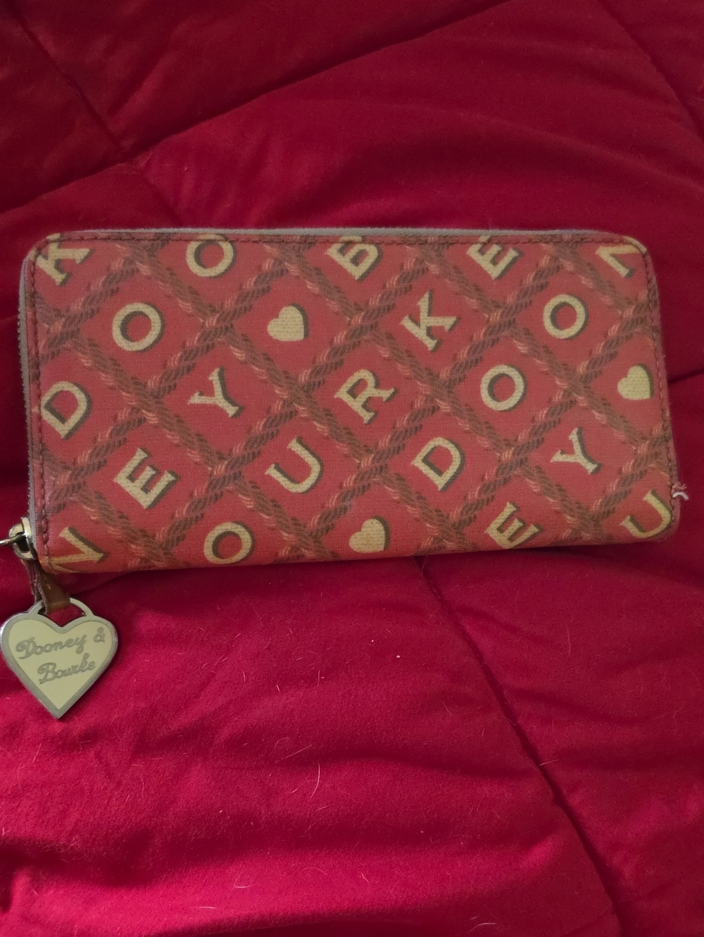 Dooney & Bourke Red and Tan Logo Zip Wallet with Heart Charm